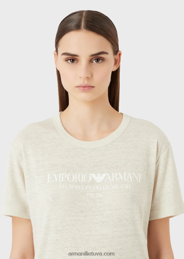 moterys smėlio spalvos Armani lino mišinio slub trikotažo marškinėliai su logotipu 02482X467