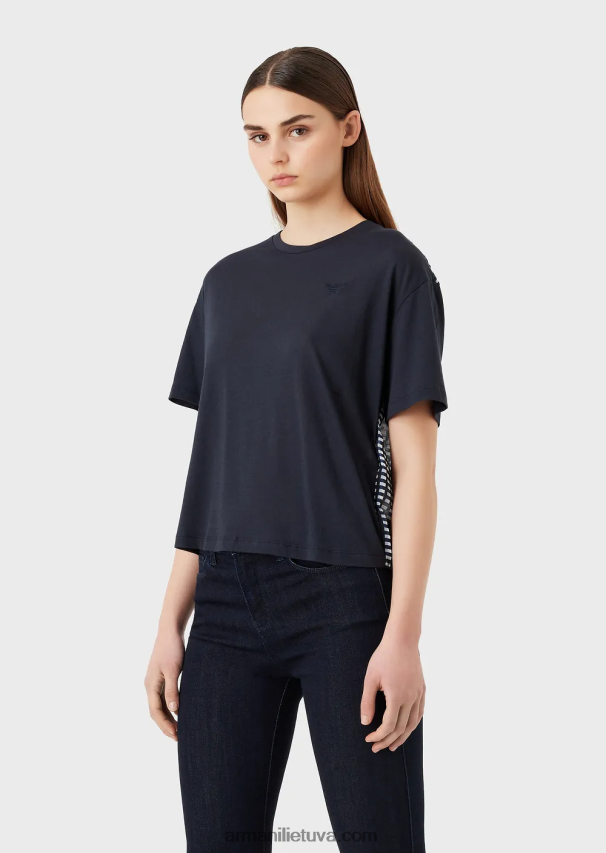 moterys tamsiai mėlyna Armani ekologiški tamprūs marškinėliai su atspaudu nugaroje 02482X426