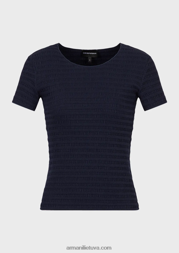 moterys tamsiai mėlyna Armani megztinis trumpomis rankovėmis iš ekologiško reljefinio žakardo megztinio 02482X473