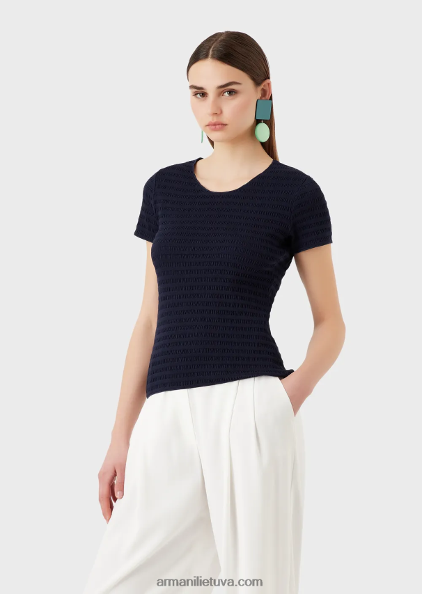 moterys tamsiai mėlyna Armani megztinis trumpomis rankovėmis iš ekologiško reljefinio žakardo megztinio 02482X473