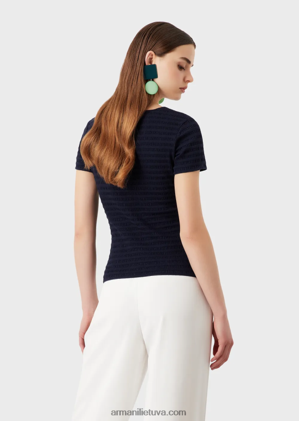 moterys tamsiai mėlyna Armani megztinis trumpomis rankovėmis iš ekologiško reljefinio žakardo megztinio 02482X473
