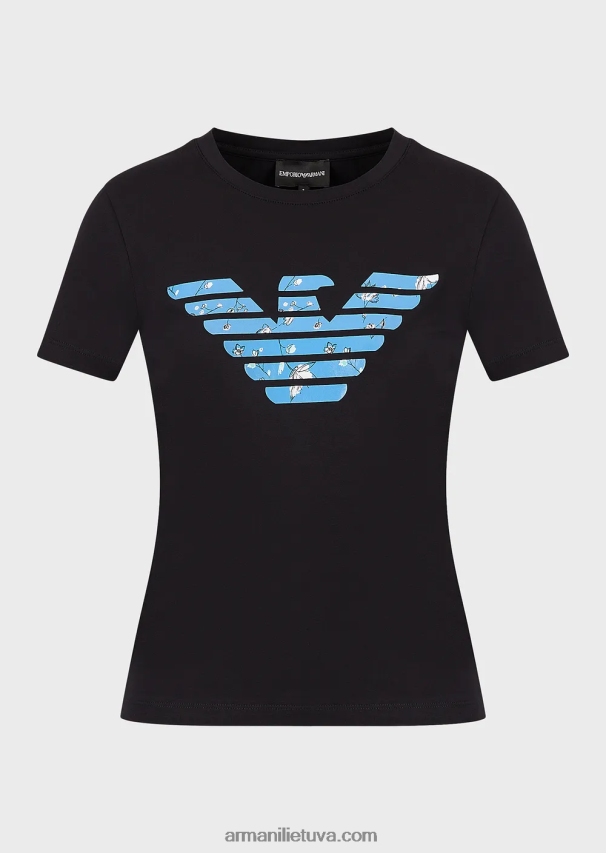 moterys tamsiai mėlyna Armani tamprūs marškinėliai su per dideliu erelio raštu 02482X459