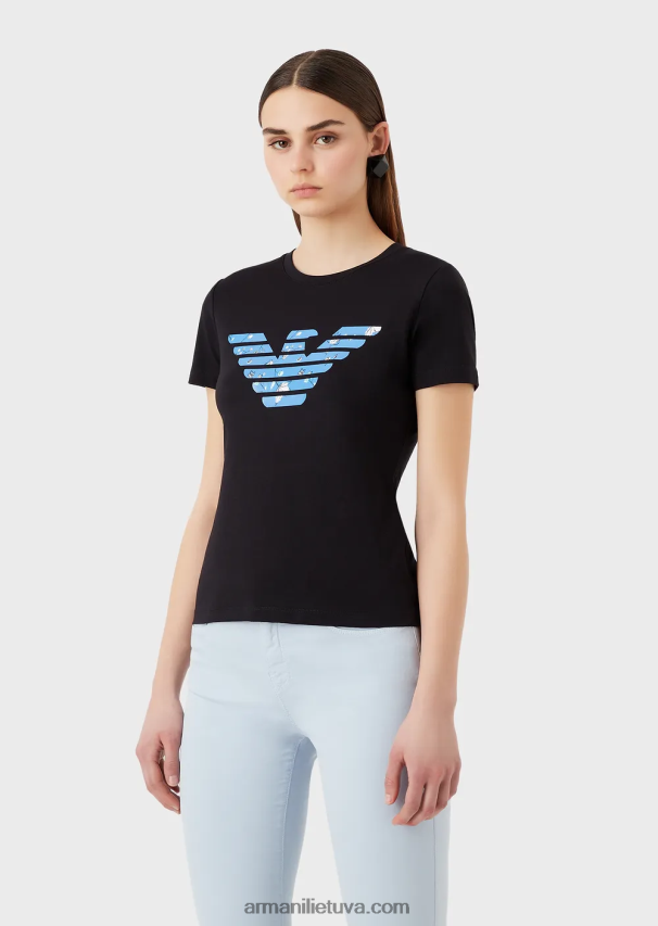moterys tamsiai mėlyna Armani tamprūs marškinėliai su per dideliu erelio raštu 02482X459