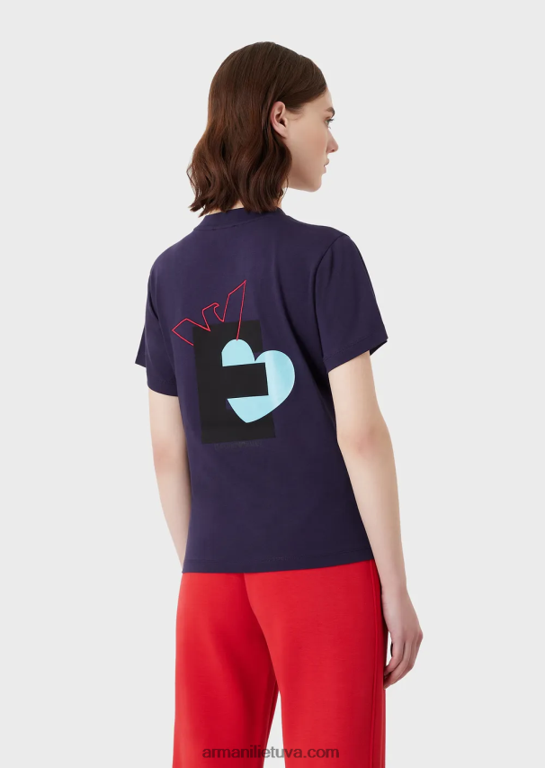 moterys violetinė Armani ekologiški tamprūs džersio marškinėliai su per dideliu e pleistru ir spauda 02482X466