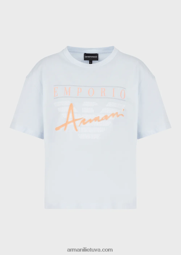 moterys žydros spalvos Armani lengvi ekologiško trikotažo marškinėliai su reljefiniais audinio raštais ir logotipo spauda 02482X430