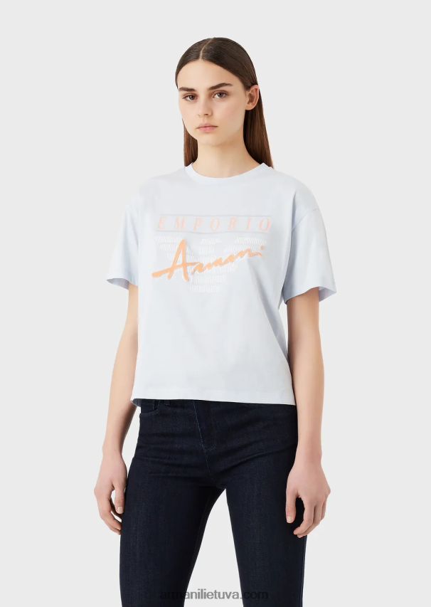 moterys žydros spalvos Armani lengvi ekologiško trikotažo marškinėliai su reljefiniais audinio raštais ir logotipo spauda 02482X430