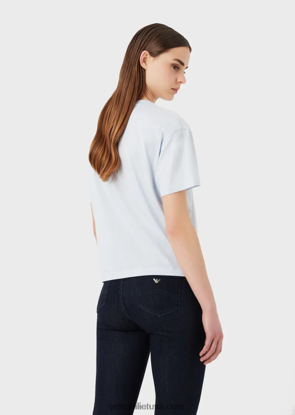 moterys žydros spalvos Armani lengvi ekologiško trikotažo marškinėliai su reljefiniais audinio raštais ir logotipo spauda 02482X430