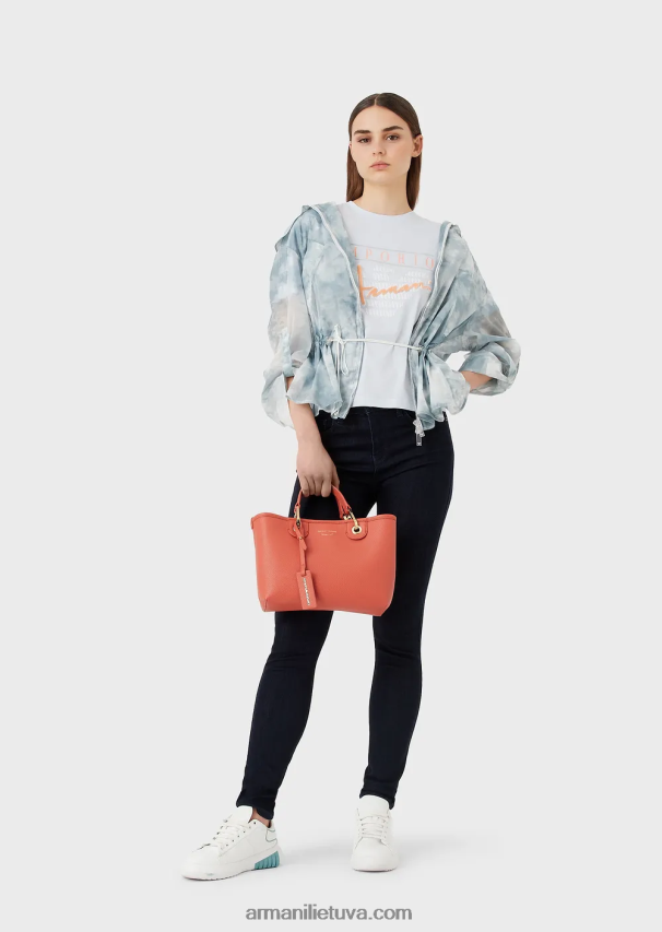 moterys žydros spalvos Armani lengvi ekologiško trikotažo marškinėliai su reljefiniais audinio raštais ir logotipo spauda 02482X430