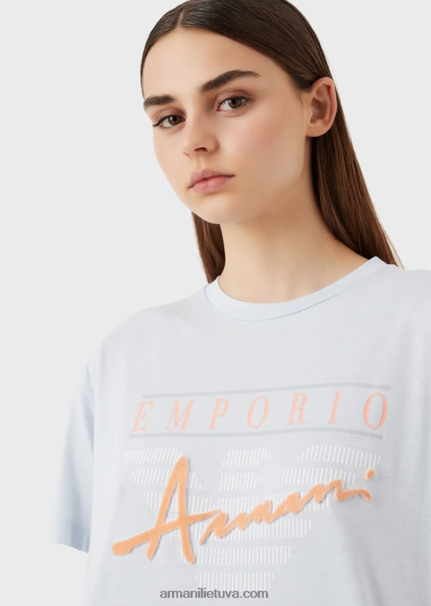 moterys žydros spalvos Armani lengvi ekologiško trikotažo marškinėliai su reljefiniais audinio raštais ir logotipo spauda 02482X430