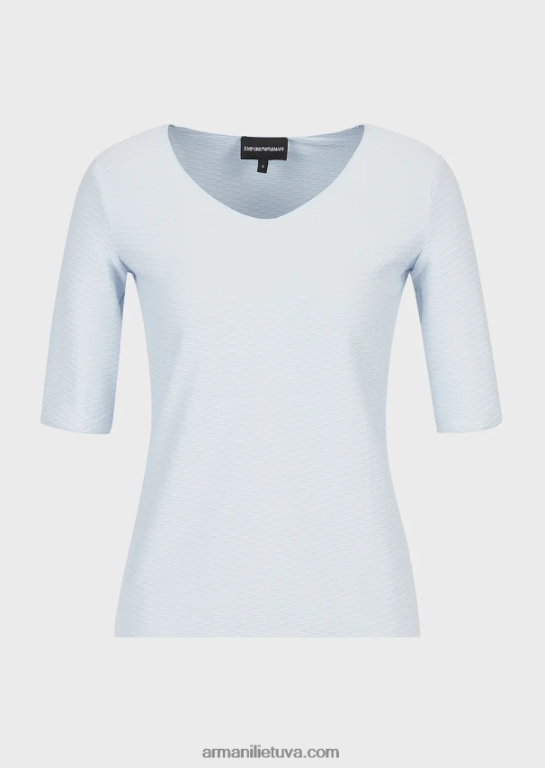 moterys žydros spalvos Armani tamprus žakardo nailono džemperis su V formos iškirpte 02482X476