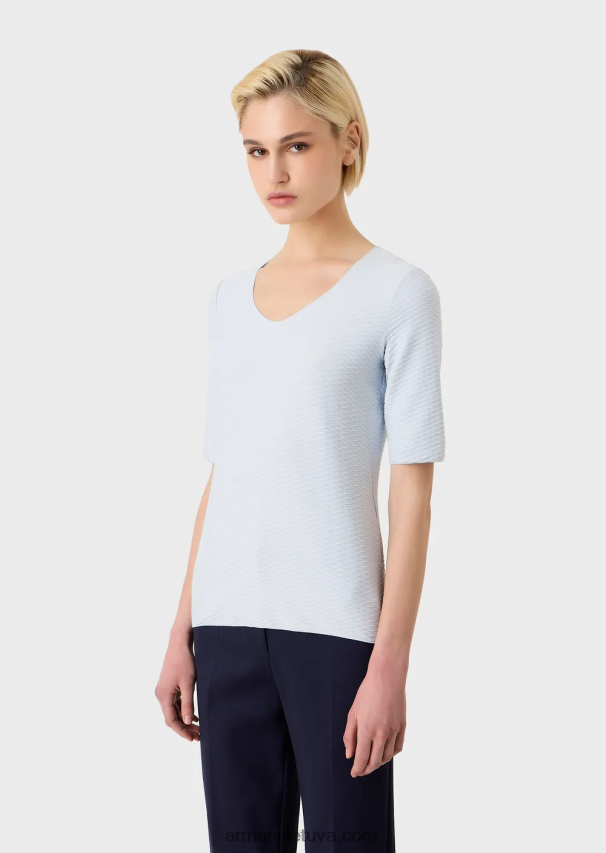 moterys žydros spalvos Armani tamprus žakardo nailono džemperis su V formos iškirpte 02482X476