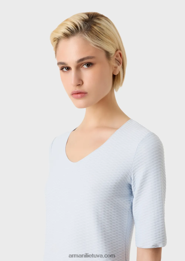 moterys žydros spalvos Armani tamprus žakardo nailono džemperis su V formos iškirpte 02482X476