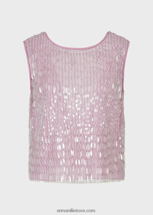 moterysArmani siuvinėtas tiulio viršus su permatomais blizgučių lapeliais 02482X395
