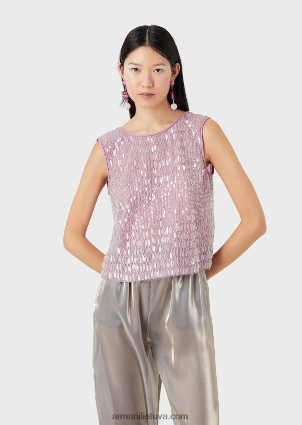 moterysArmani siuvinėtas tiulio viršus su permatomais blizgučių lapeliais 02482X395