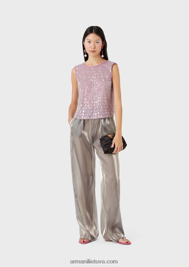 moterysArmani siuvinėtas tiulio viršus su permatomais blizgučių lapeliais 02482X395