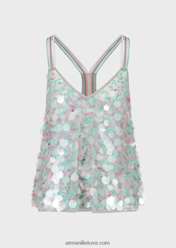 moterysArmani viršus su įvairaus dydžio įvairiaspalviais blizgučiais 02482X394