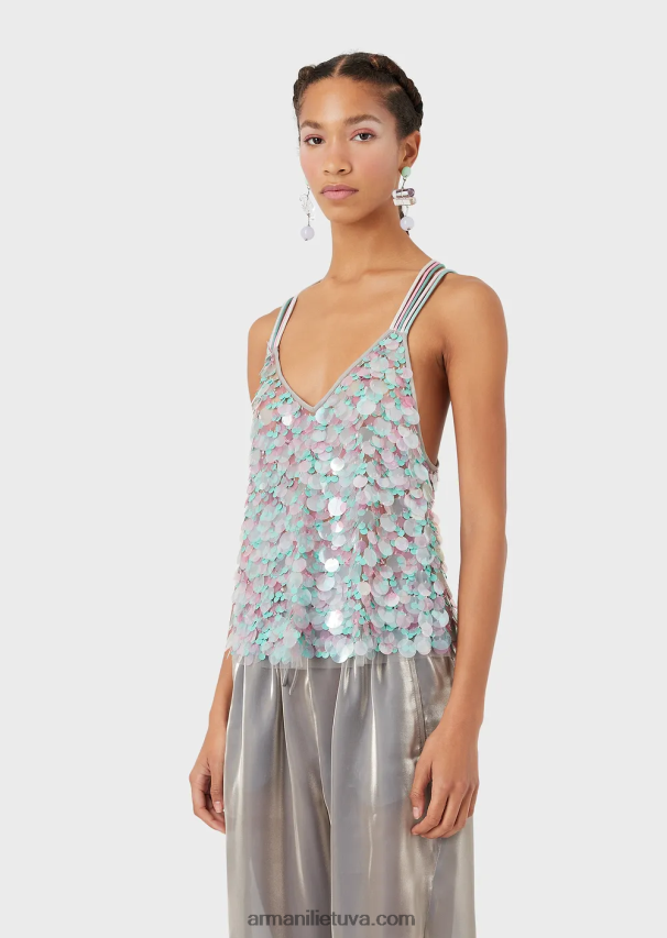 moterysArmani viršus su įvairaus dydžio įvairiaspalviais blizgučiais 02482X394