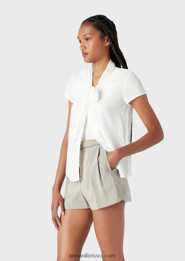 moterys baltas Armani palaidinė su apykakle su viskozės krepiniu viršumi 02482X352