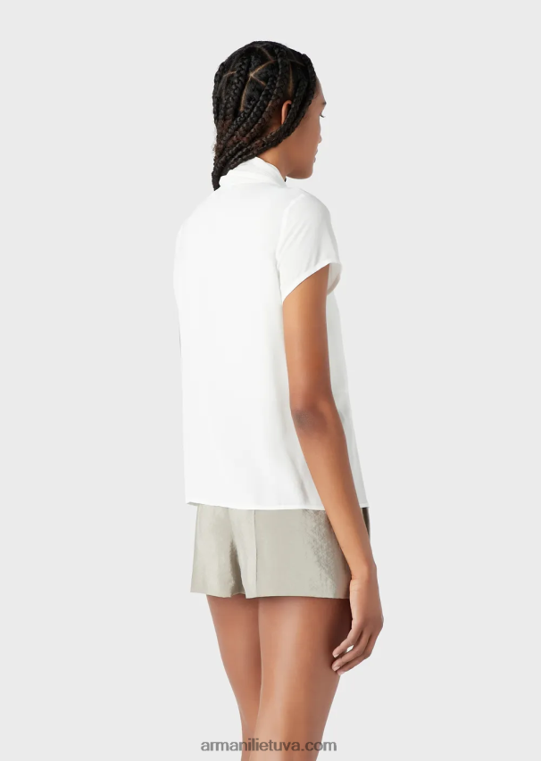 moterys baltas Armani palaidinė su apykakle su viskozės krepiniu viršumi 02482X352