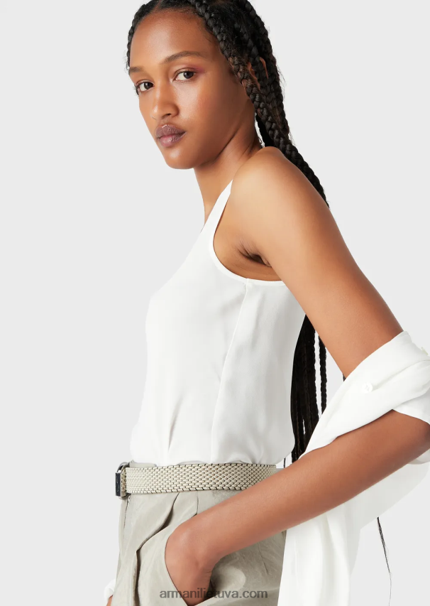 moterys baltas Armani palaidinė su apykakle su viskozės krepiniu viršumi 02482X352