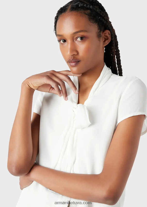moterys baltas Armani palaidinė su apykakle su viskozės krepiniu viršumi 02482X352