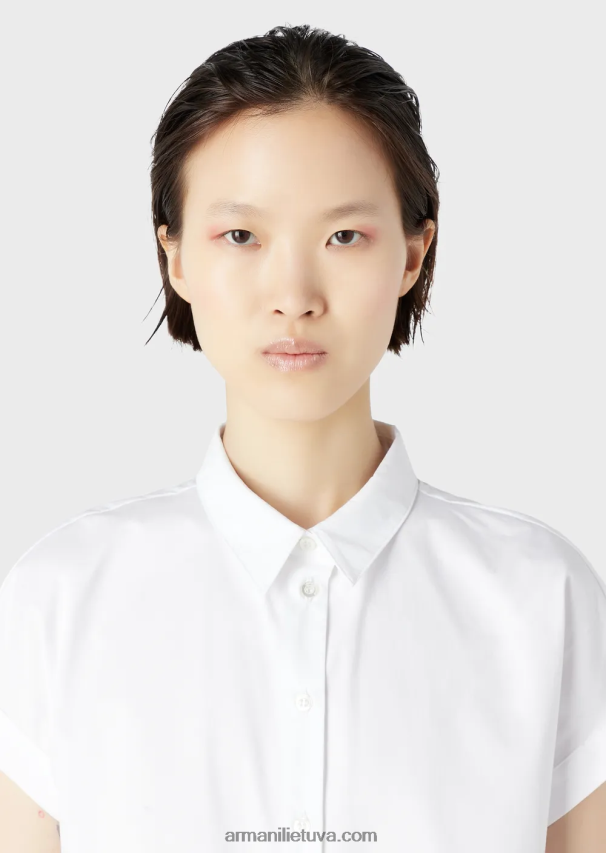 moterys baltas Armani trumpomis rankovėmis šlifuoti medvilniniai marškiniai 02482X372