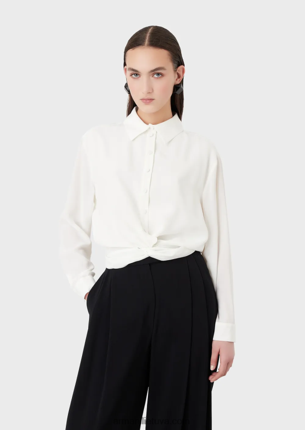 moterys baltas Armani viskozės krepiniai marškiniai su susuktu mazgu 02482X359