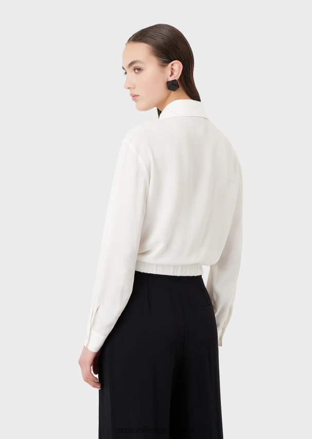 moterys baltas Armani viskozės krepiniai marškiniai su susuktu mazgu 02482X359