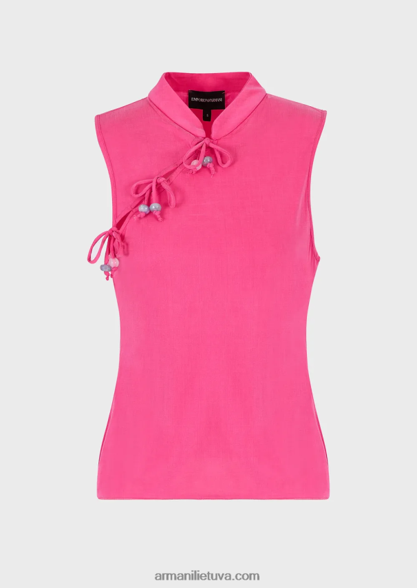 moterys fuksija Armani interlock cupro viršus su guru apykaklės anga ir kaklaraiščiais 02482X380