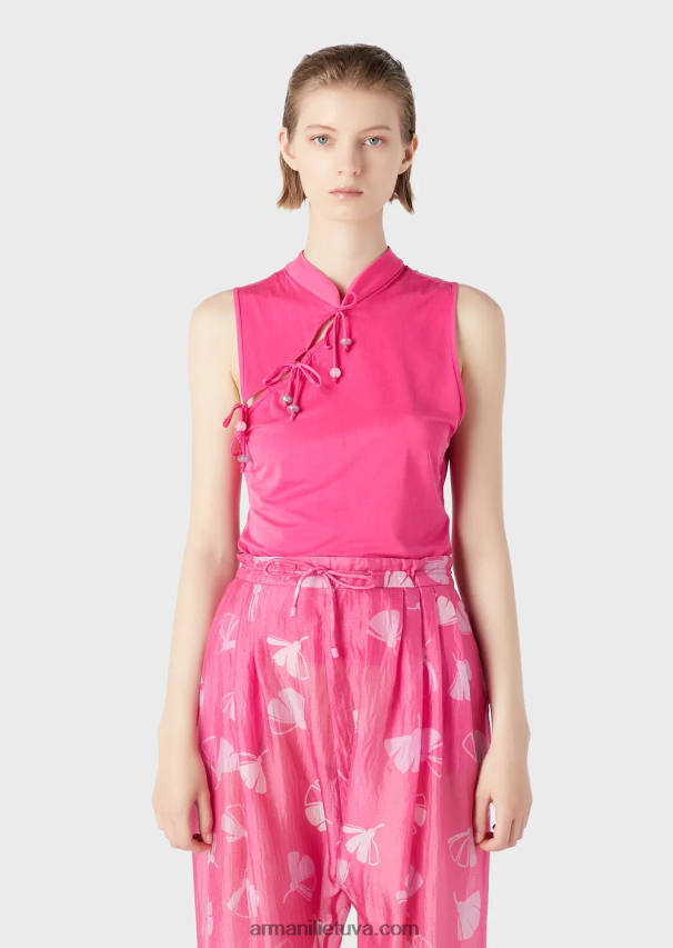 moterys fuksija Armani interlock cupro viršus su guru apykaklės anga ir kaklaraiščiais 02482X380