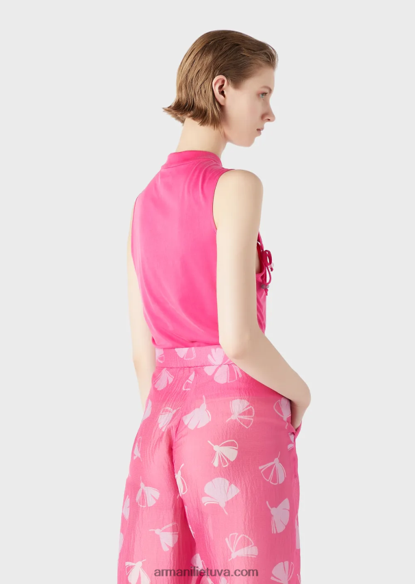 moterys fuksija Armani interlock cupro viršus su guru apykaklės anga ir kaklaraiščiais 02482X380