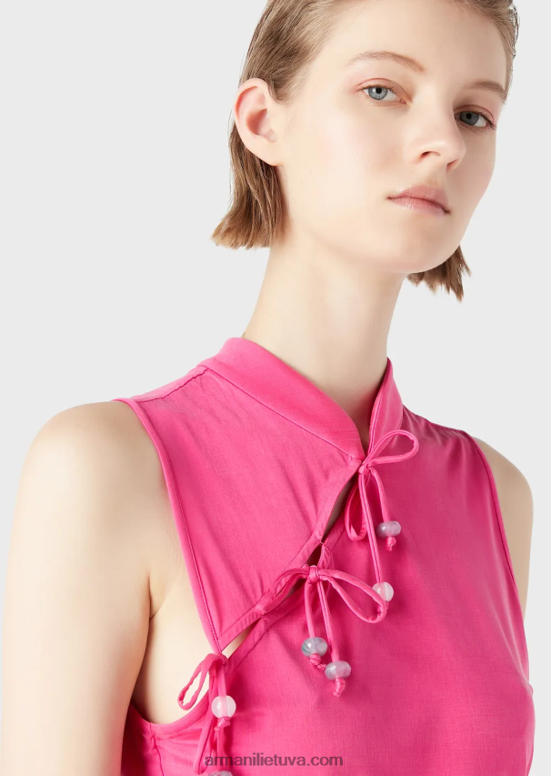 moterys fuksija Armani interlock cupro viršus su guru apykaklės anga ir kaklaraiščiais 02482X380