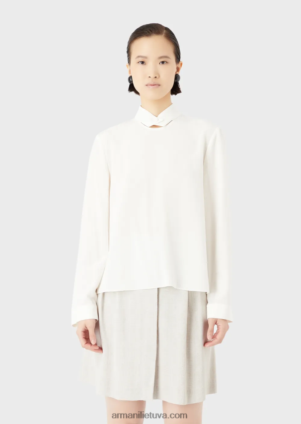 moterys šilko baltumo Armani palaidinė su sagomis apykakle iš gryno šilko krepo dešino 02482X375