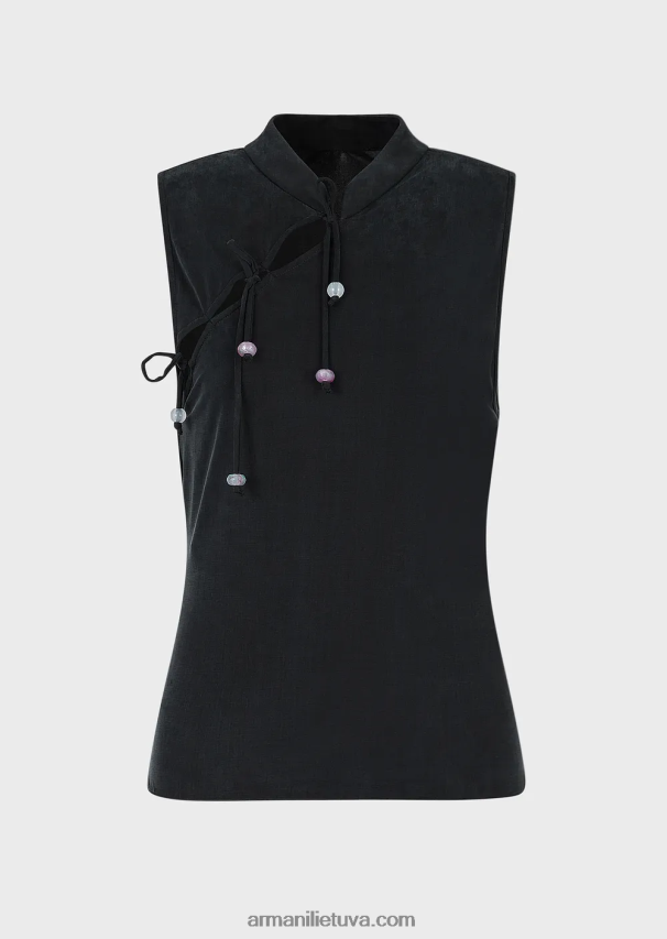 moterys juodas Armani interlock cupro viršus su guru apykaklės anga ir kaklaraiščiais 02482X381