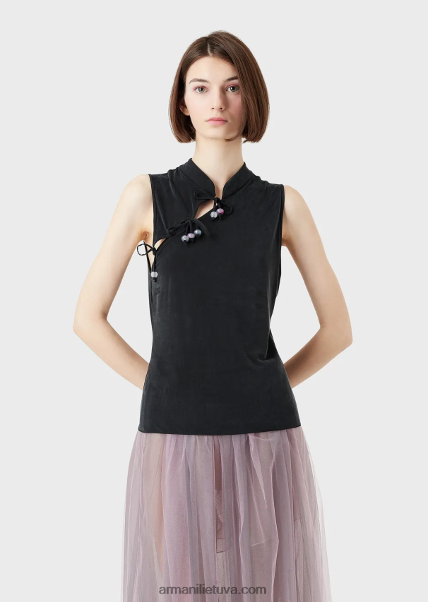 moterys juodas Armani interlock cupro viršus su guru apykaklės anga ir kaklaraiščiais 02482X381