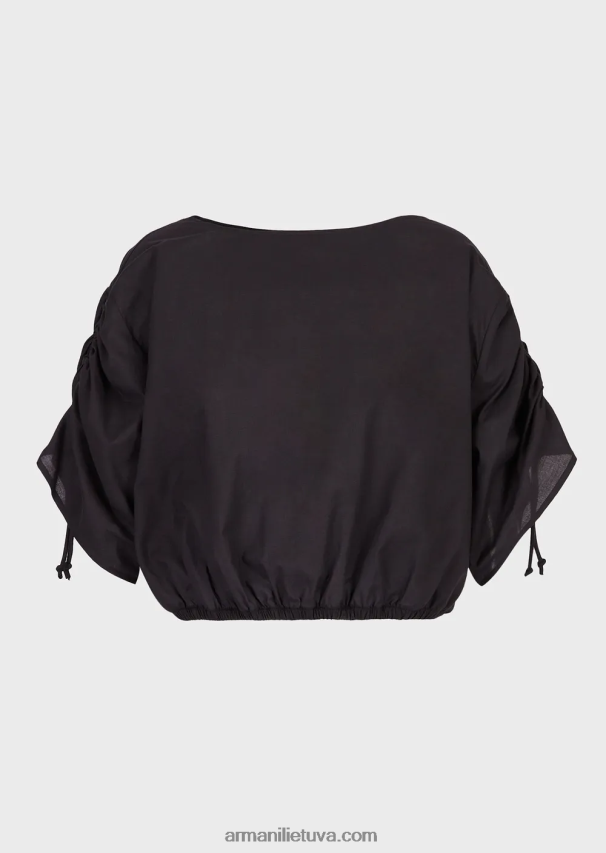 moterys juodas Armani karpyta poplino palaidinė su raišteliu rankovėmis 02482X361