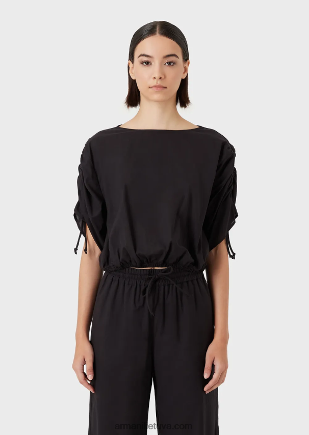 moterys juodas Armani karpyta poplino palaidinė su raišteliu rankovėmis 02482X361