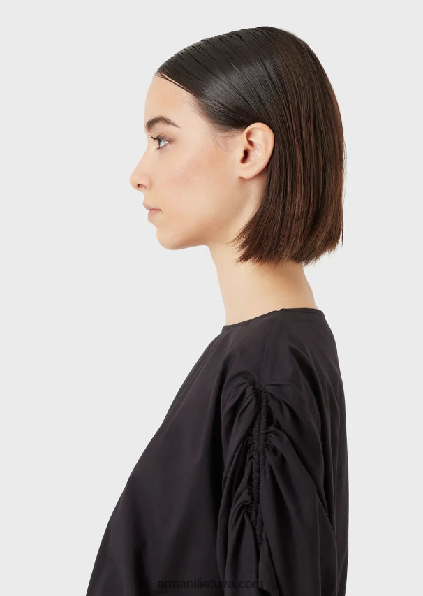 moterys juodas Armani karpyta poplino palaidinė su raišteliu rankovėmis 02482X361