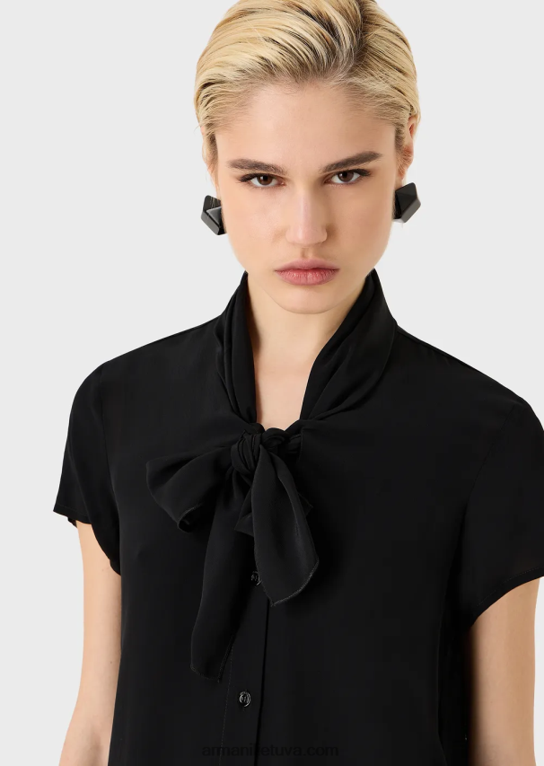 moterys juodas Armani palaidinė su apykakle su viskozės krepiniu viršumi 02482X353