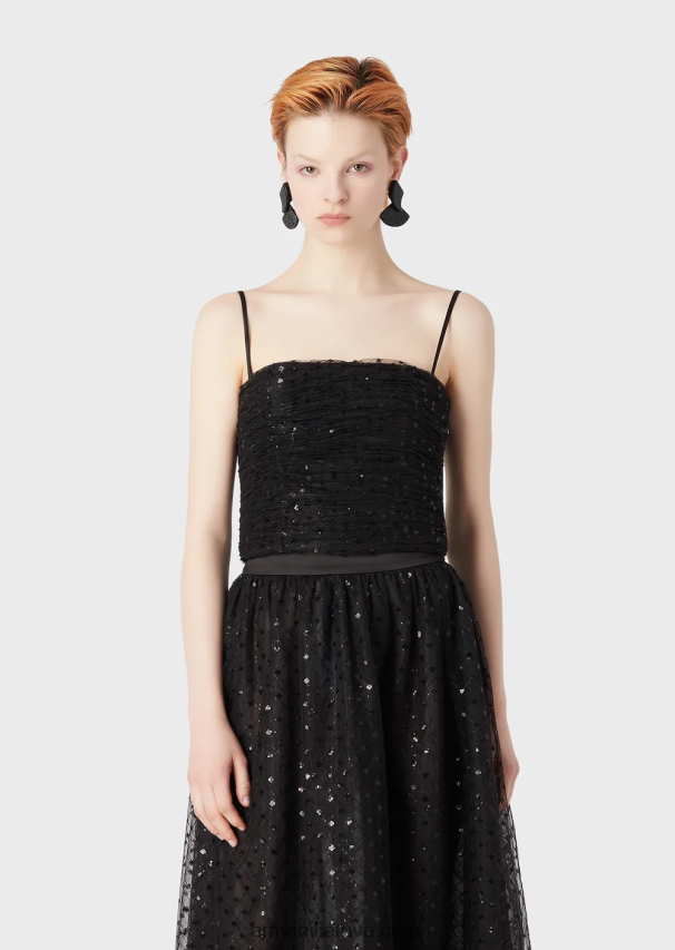 moterys juodas Armani tiulio viršus su geometrinių blizgučių siuvinėjimu 02482X376