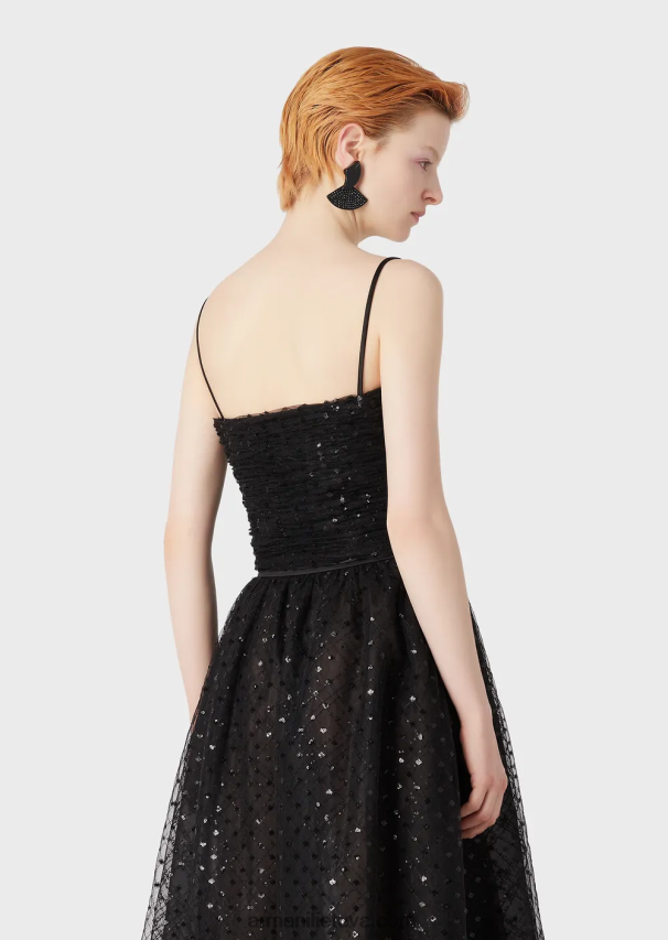 moterys juodas Armani tiulio viršus su geometrinių blizgučių siuvinėjimu 02482X376