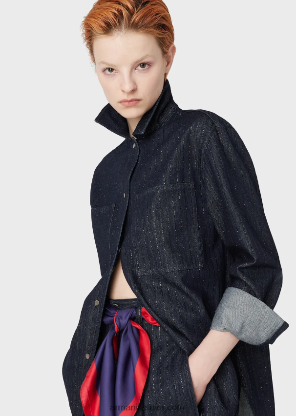 moterys mėlynas laivynas Armani smeigtukais išskalauti džinsiniai marškiniai su blizgučiais 02482X360