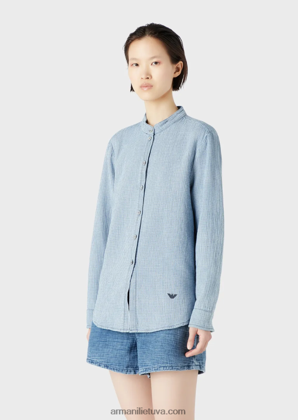 moterys modelis Armani gingham džinsiniai marškiniai su guru apykakle 02482X392