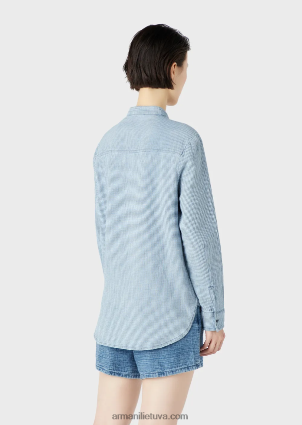 moterys modelis Armani gingham džinsiniai marškiniai su guru apykakle 02482X392