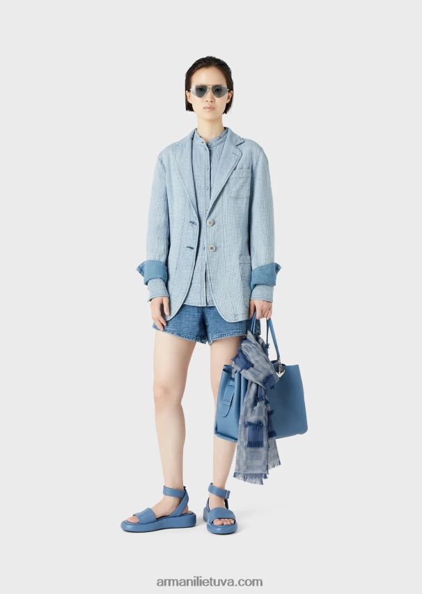 moterys modelis Armani gingham džinsiniai marškiniai su guru apykakle 02482X392