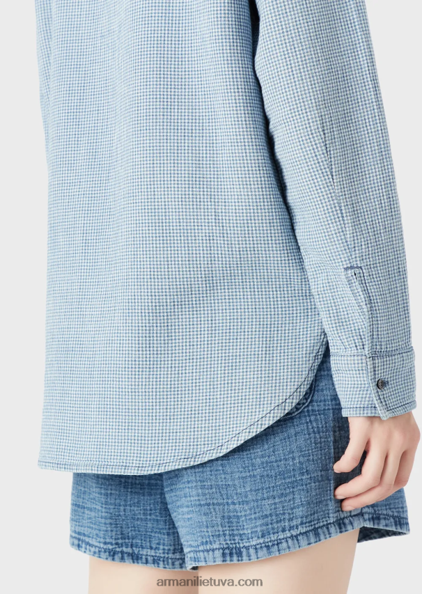 moterys modelis Armani gingham džinsiniai marškiniai su guru apykakle 02482X392
