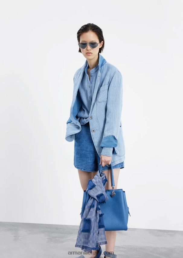 moterys modelis Armani gingham džinsiniai marškiniai su guru apykakle 02482X392