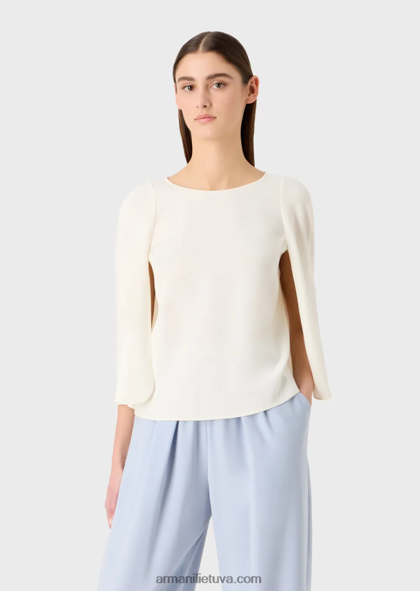 moterys pieno baltumo Armani palaidinė su pelerinomis rankovėmis iš techninių drabužių 02482X383