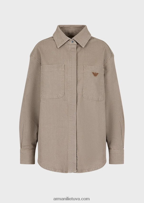 moterys smėlio spalvos Armani natūralių dažų ekologiško džinsinio audinio marškinėliai su užklijuotomis kišenėmis 02482X393