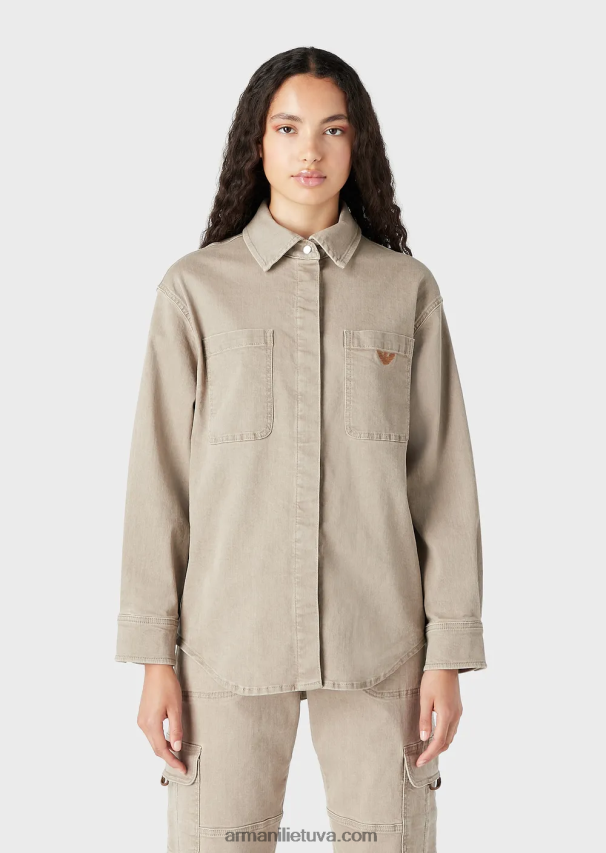 moterys smėlio spalvos Armani natūralių dažų ekologiško džinsinio audinio marškinėliai su užklijuotomis kišenėmis 02482X393